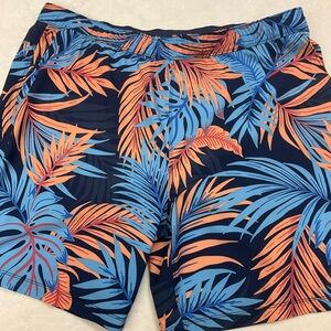 SPEEDO Men’s XXL Navy Blue Orange Hawaiian Tropical Palm Leaf Lined Swim Shorts